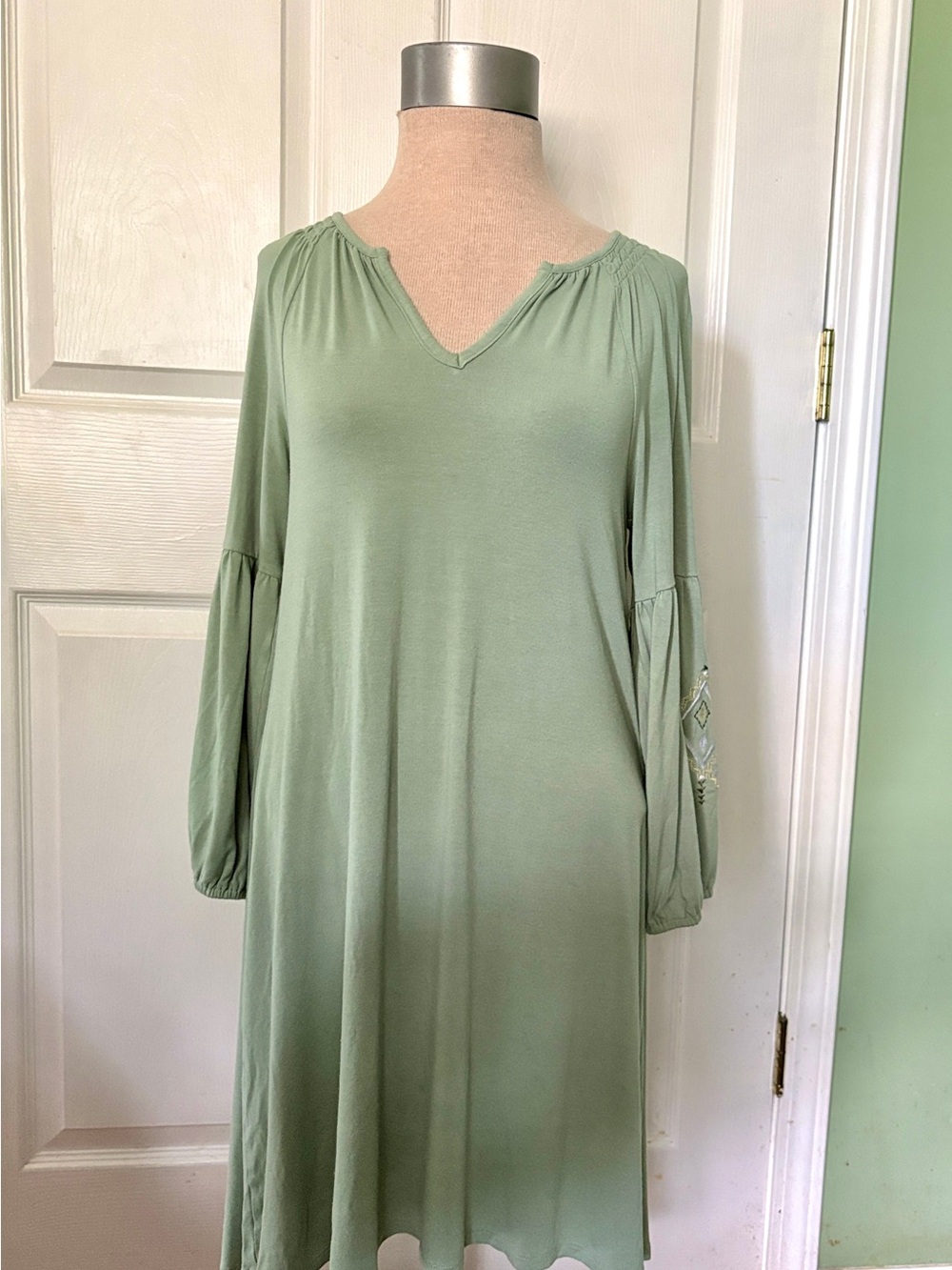 Cupio Light Sage Green V-Neck Midi Swing Dress